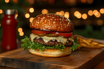 Hamburger on a wooden desk