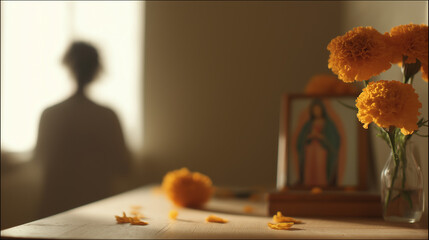 guadalupe. Person in quiet contemplation with Guadalupe Virgin icon and marigold petals indoors. event programs, museum guides, designed for cultural heritage projects and event programs.
