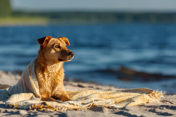 a dog sitting on a blanket on a beach