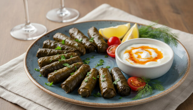  A beautifully arranged plate of stuffed vine leaves served with yogurt dip, lemon wedges, and cherry tomatoes, presented in a warm, inviting