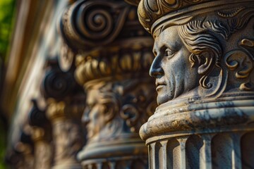 Fototapeta premium Close up of intricately carved stone faces atop decorative columns, showcasing historical architectural detail