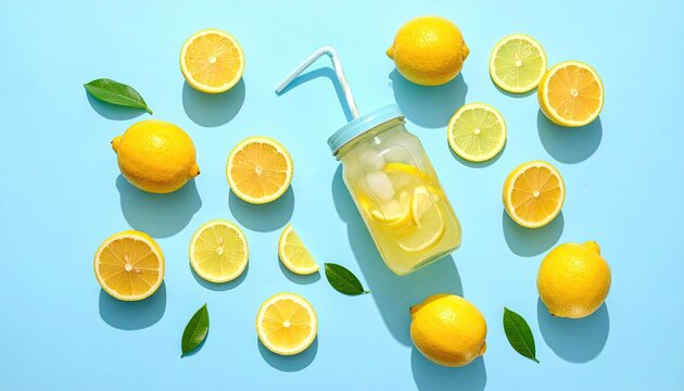 A refreshing lemonade in a jar with ice and lemon slices surrounded by whole and sliced lemons on a vibrant blue background with mint leaves casting soft shadows
