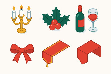 Elegant Xmas Table Icons. Christmas Elegant Table Decor flat icon set: candelabra, holly leaves, wine bottle, glassware, red ribbon, table runner