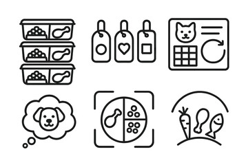 Pet Nutrition Icons. Creative Pet Nutrition Planning Icons linear icon set: meal prep containers, color-coded tags, diet chart grid, rotating menu arrow, idea bubble, structured