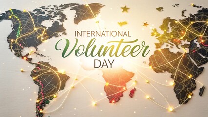 International Volunteer Day glowing world map with light network and sparkles.