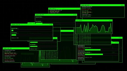 A chaotic hacker desktop simulation with multiple windows appearing randomly. Windows display hex dumps, terminal logs, graphs, and progress bars, creating a busy "system breach" effect.