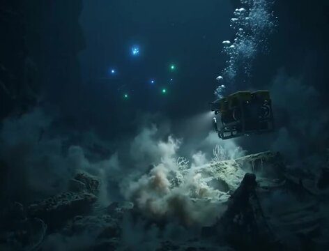 A yellow submersible explores the deep ocean floor, illuminating mysterious lights.