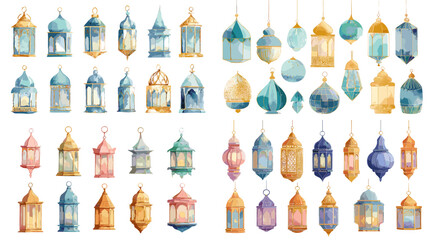 Watercolor lanterns in soft pastel and gold tones, featuring traditional hanging lamps in various shapes and sizes, ideal for festive, holiday, or cultural design themes.