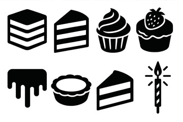Bold Cake Icons. Sweet Cakes Symbols silhouette icon set. layered cake, slice of cake, cupcake with swirl, fruit cake, chocolate glaze, tart, cake wedge, sparkle candle