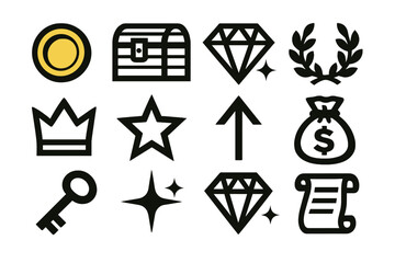 Prosperity Icon Set. Symbols of Prosperity silhouette icon set: gold coin, treasure chest, diamond, laurel wreath, crown, star, upward arrow, bag of coins, key, spark, gem, scroll