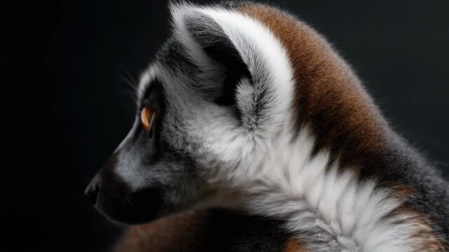 A close-up of a lemur with bright orange eyes.