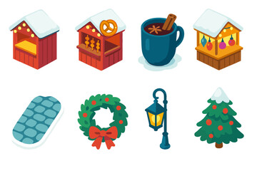 Winter Market Icons. Winter Market Streets flat icon set: glowing kiosks, warm pretzel stand, mulled wine cup, handmade ornament table, snowy cobblestone path, wreath decorations