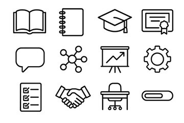 Professional Growth Icons. Professional Development linear icon set. book, notepad, graduation cap, certificate, speech bubble, networking icon, presentation board, gear, checklist