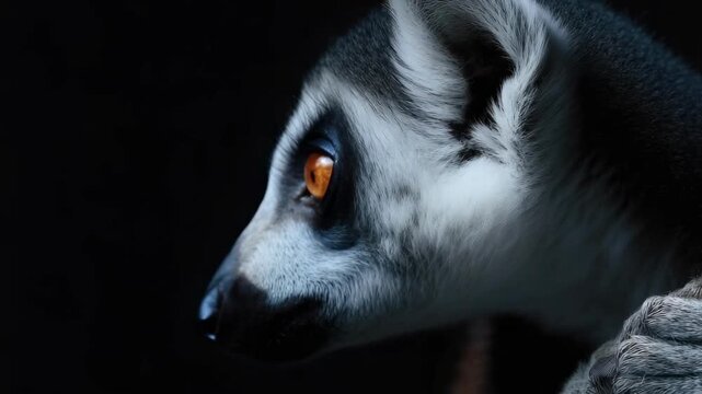 Close-up of a lemur with orange eyes peering from the darkness.