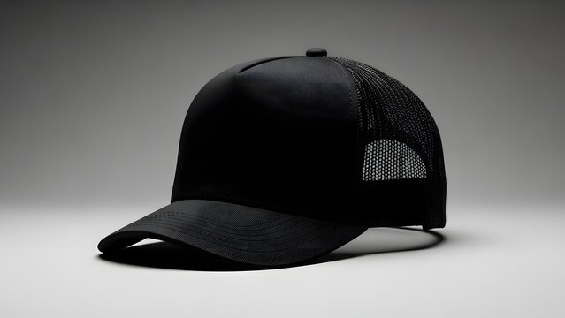 Black mesh trucker hat on a white surface with gray background