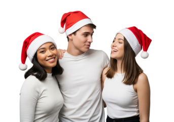 Three People in Santa Hats Celebrating Together
