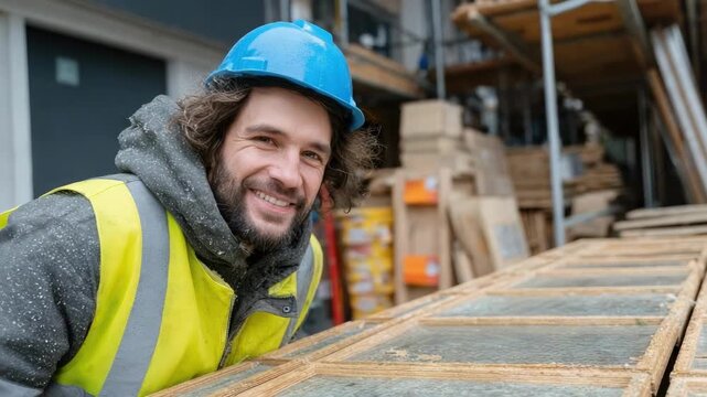 Construction worker in a blue hard hat and high-visibility vest smiles beside wooden formwork at a construction site.