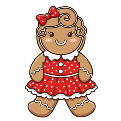 Gingerbread girl with a red bow and a red polka dot dress