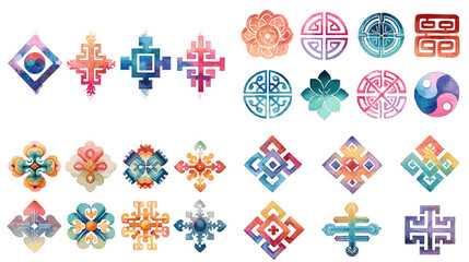 A colorful collection of Asian inspired symbols and geometric motifs illustrated in soft gradients, ideal for cultural design, decorative patterns, and artistic themes.