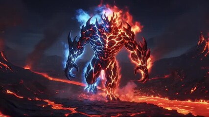 A powerful fantasy elemental creature made of opposing fire and ice in a volcanic landscape - Powered by Adobe