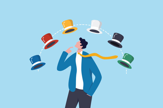 Six thinking hats idea, role responsibility or difference objectives, thought or mindset, planning to solve problem, psychology concept, businessman thinking to choose between six thinking hats.