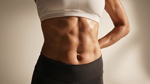 Close-up of a woman's toned human body torso with defined abdominal muscles wearing a white sports bra and black leggings on a beige background.