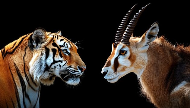 Bengal Tiger Stalks an Impala Gazelle in the Wild, Capturing the Intense Moment of Predation - Powered by Adobe