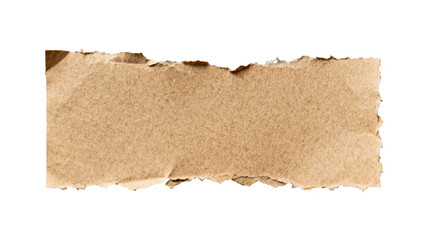 Brown kraft paper torn strip with rough ripped edges on white background, textured material for design and creative layouts  