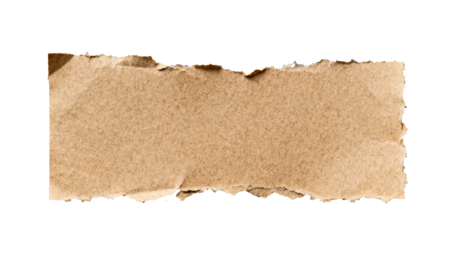 Brown kraft paper torn strip with rough ripped edges on white background, textured material for design and creative layouts  