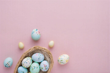 Pastel Easter Eggs in Wicker Basket on soft pastel Pink with a slight mauve-tinted undertone Background with Floral Decoration and Copy Space