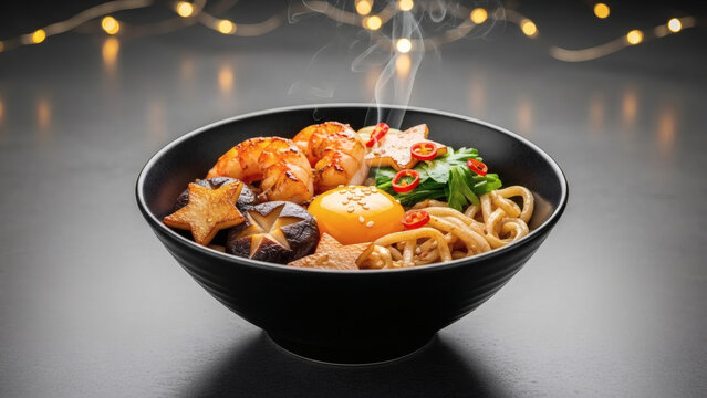 Steaming Hot Japanese Udon Ramen Bowl: Savory Noodles with Grilled Shrimp, Shiitake Mushrooms, and Egg Yolk Garnish on a Dark Background with Bokeh Lights