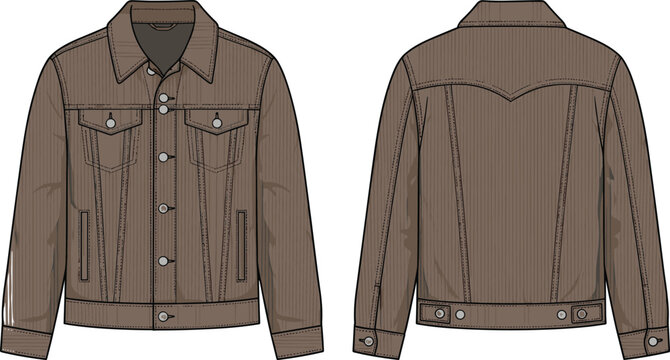 Brown denim jacket technical sketch, front and back view, fashion illustration, garment blueprint, outerwear design, vector drawing, clothing template