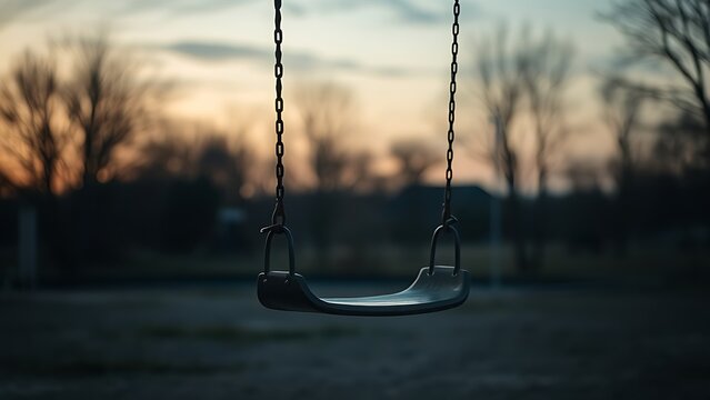 swing. An empty swing moving in the wind at an abandoned playground at dusk. wellbeing guides, coaching materials, designed for mental health education and mindfulness programs, supports wellbeing.