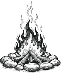 Campfire flames rising from burning logs, black and white silhouette illustration