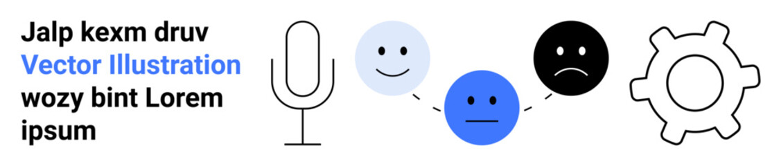 Emotional analysis, communication systems, voice recognition, customer support, user feedback, technology workflow. Microphone, happy faces and gear icon connected. Emotional analysis