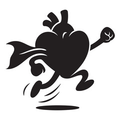 Superhero Heart Cartoon silhouette Vector in Running Pose with Cape and Motion Lines