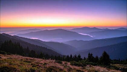 A beautiful landscape of a mountain range at sunrise. The sky is filled with vibrant colors of orange, purple, and blue. The mountains are silhouetted against t