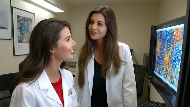 A senior and junior analyst, the senior mentoring the junior, pointing at a complex graph on a monitor, teaching, patient, in the style of a candid workplace photograph, two-shot c
