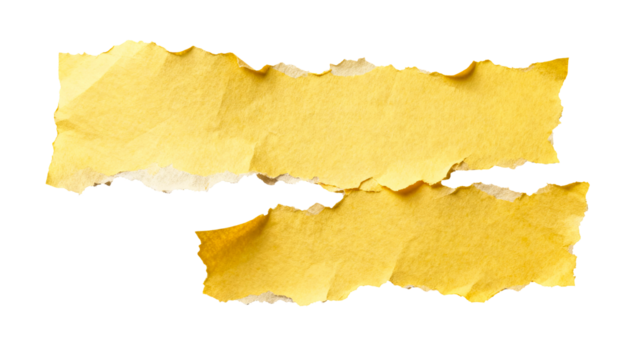 Layered yellow torn paper with textured ripped edges on white background, abstract creative material for design and composition  