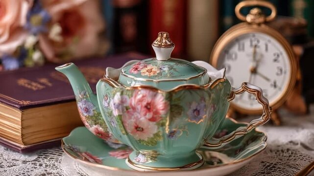 Floral porcelain teapot on a matching saucer with lid, set on a lace tablecloth beside a vintage clock and a book.