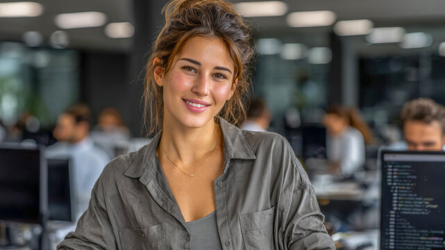 Young woman with long hair, wearing a casual shirt, smiles confidently in a modern office environment, showcasing a collaborative workspace filled with computers and colleagues