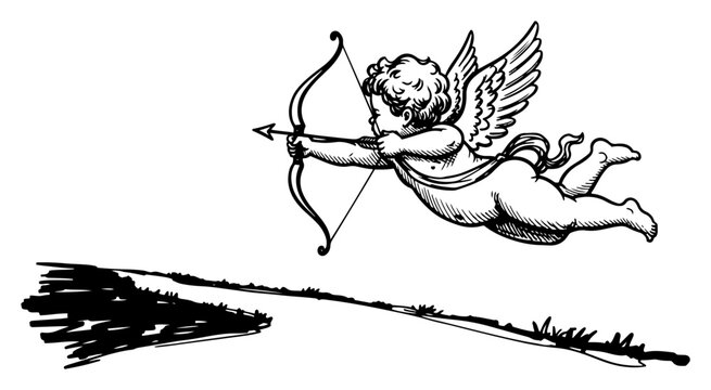 Vintage engraving illustration of flying Cupid shooting an arrow with a bow