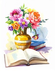Open book and colorful  bouquet in a vase, watercolor illustration, reading vibes,  still life painting