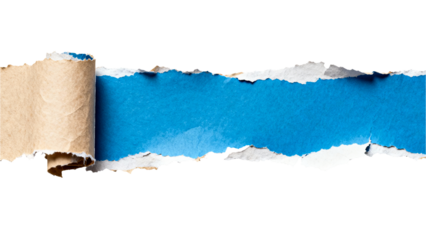 Blue torn paper strip with textured ripped edge revealing white background, abstract design material for layout and creative projects 