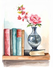 Books and flowers in a glass vase standing on a rack aesthetic watercolor illustration for book-lovers,  still life painting