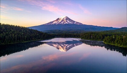 A majestic mountain is reflected in a calm lake, surrounded by lush green forest, under a colorful sunrise sky. The scene evokes a sense of peace and natural be