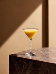 Minimalist yellow cocktail in martini glass on brown marble table with warm sunlight