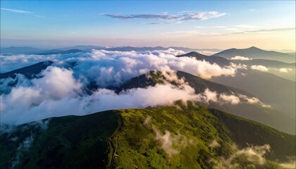 Aerial view of mountain ridges with clouds at sunrise. The landscape features green hills, a blue sky, and a beautiful, natural environment.