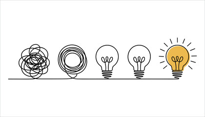 Chaotic line transforms into clear light bulb idea on white background concept thinking