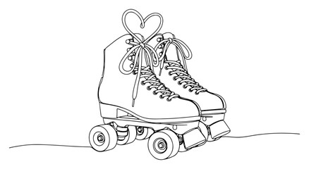 Continuous line drawing of retro roller skates with laces forming a heart shape vector illustration for sport or romantic design